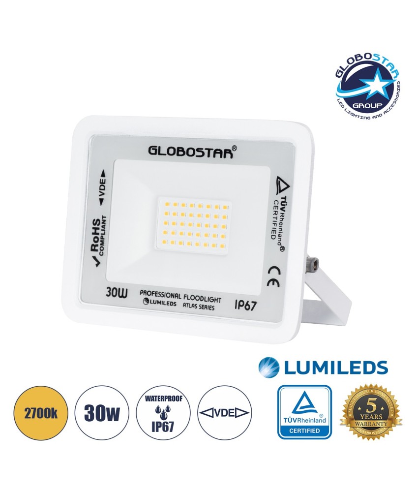 GLOBOSTAR® ATLAS 61415 Προβολέας LED 30W 3450lm 120° AC 220-240V Αδιάβροχο IP67 Θερμό Λευκό 2700K - Lumileds SMD Chip - TÜV Rheinland Certified - Λευκό Ματ - Μ16 x Π2.5 x Υ12.5cm - 5 Χρόνια Εγγύηση